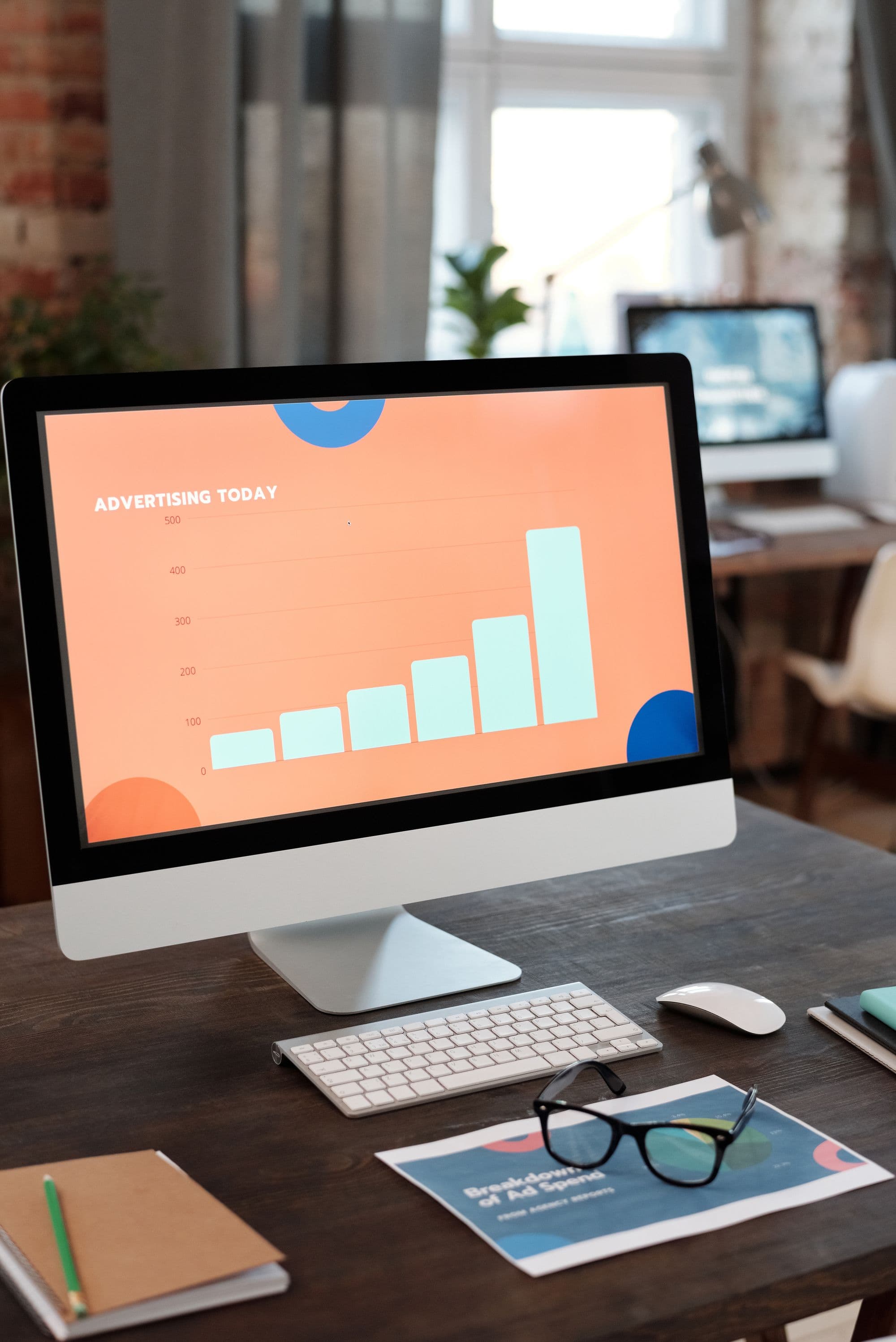 A desktop monitor displaying an advertising performance chart trending upward