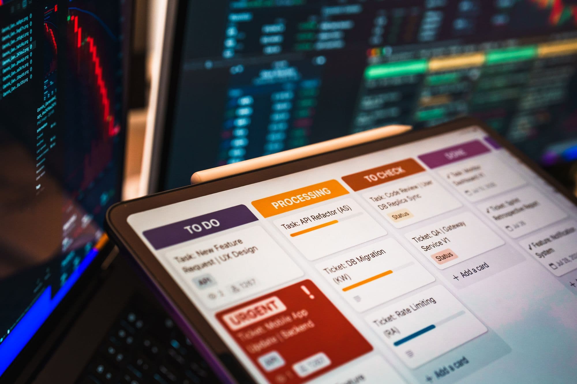 A kanban-style workflow board tracking tasks through automated stages